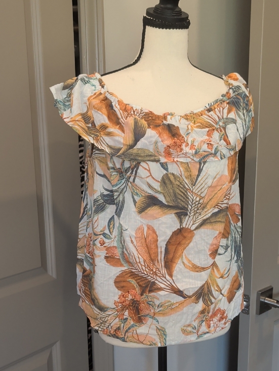 a.n.a Tops - a.n.a White Off-Shoulder Floral Blouse with Orange and Green Leaves